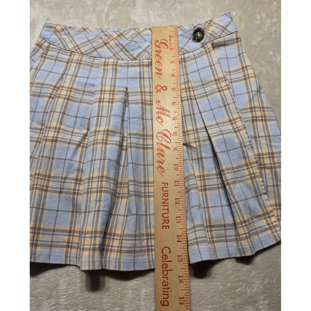 Urban Outfitters Plaid Wrap Skirt Womens Small‎ Blue Tan Pleated Mini Y2K Preppy - Picture 3 of 7
